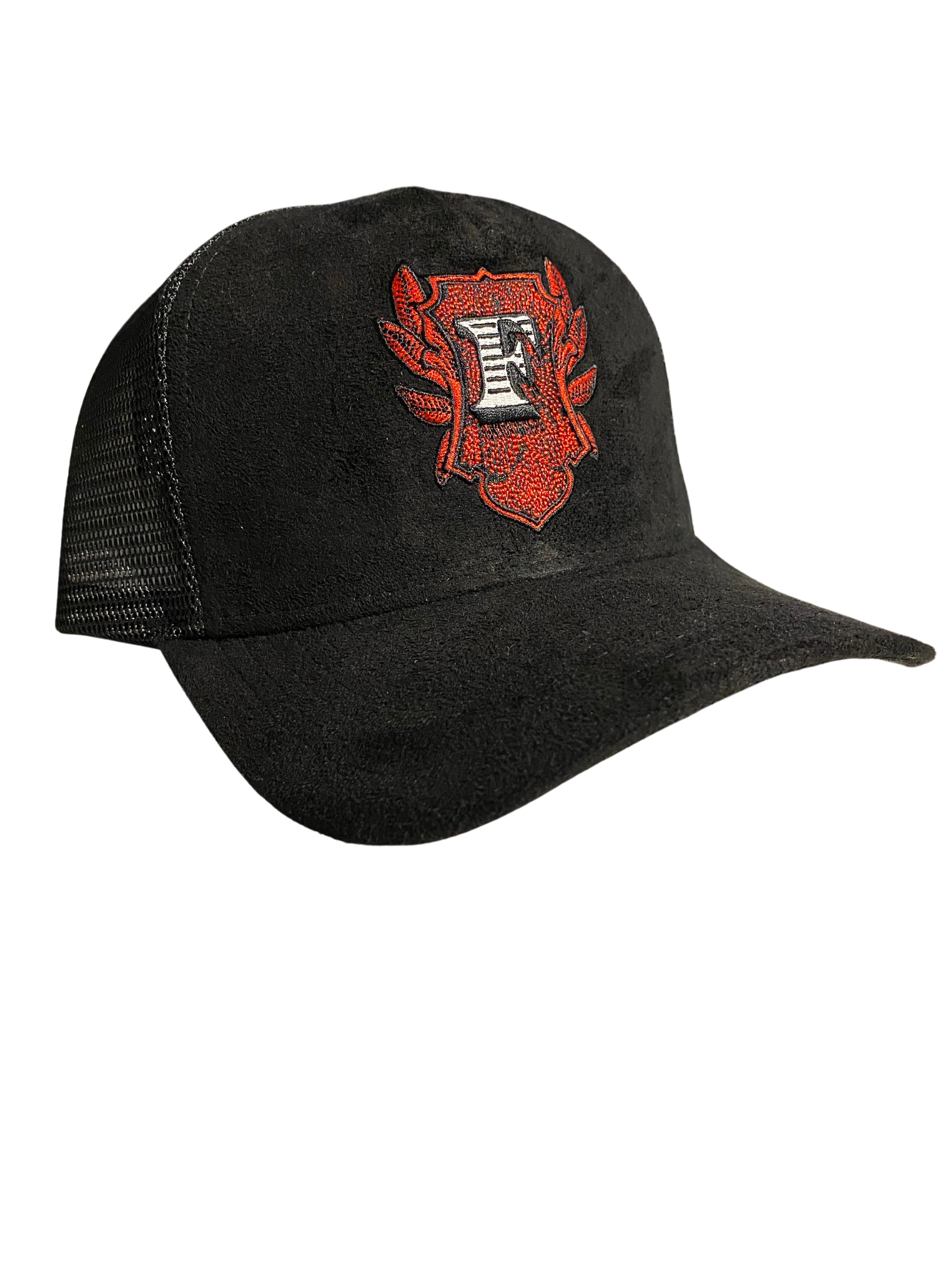 Flip Or Fall Off Black & Red Suede Trucker Hat