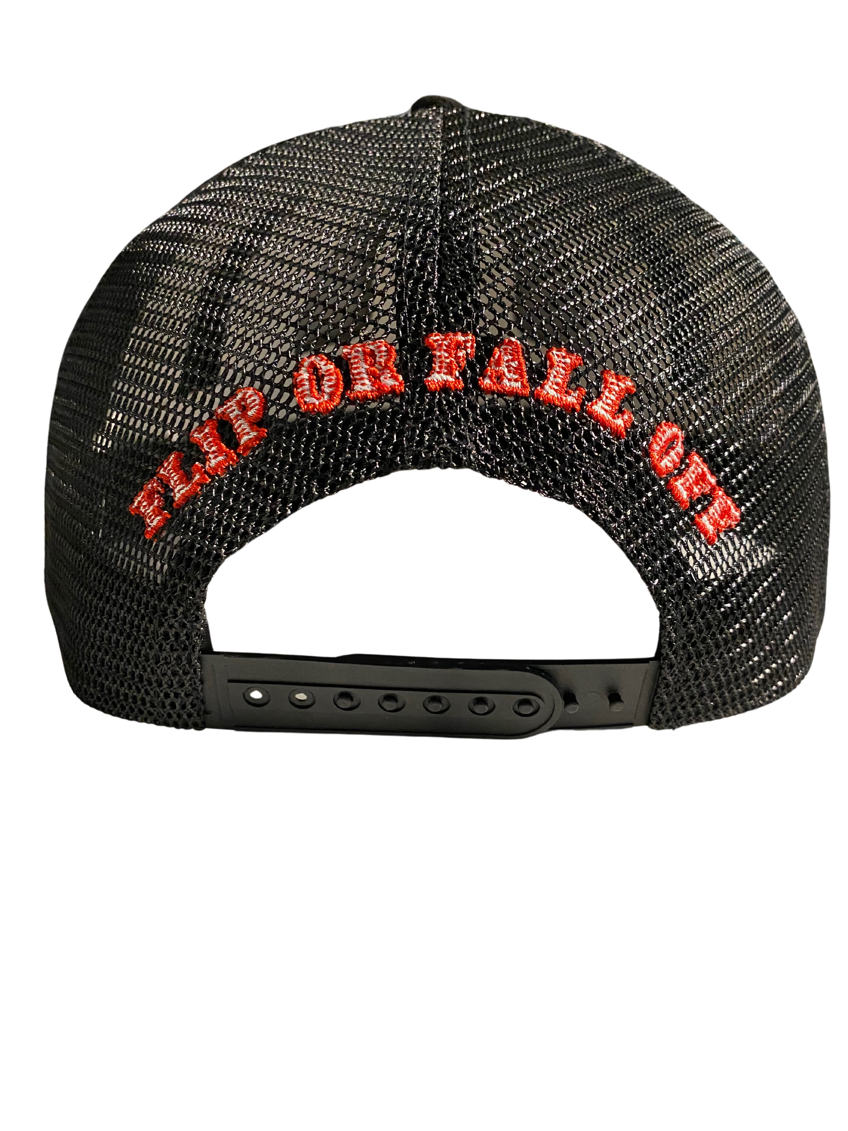 Flip Or Fall Off Black & Red Suede Trucker Hat