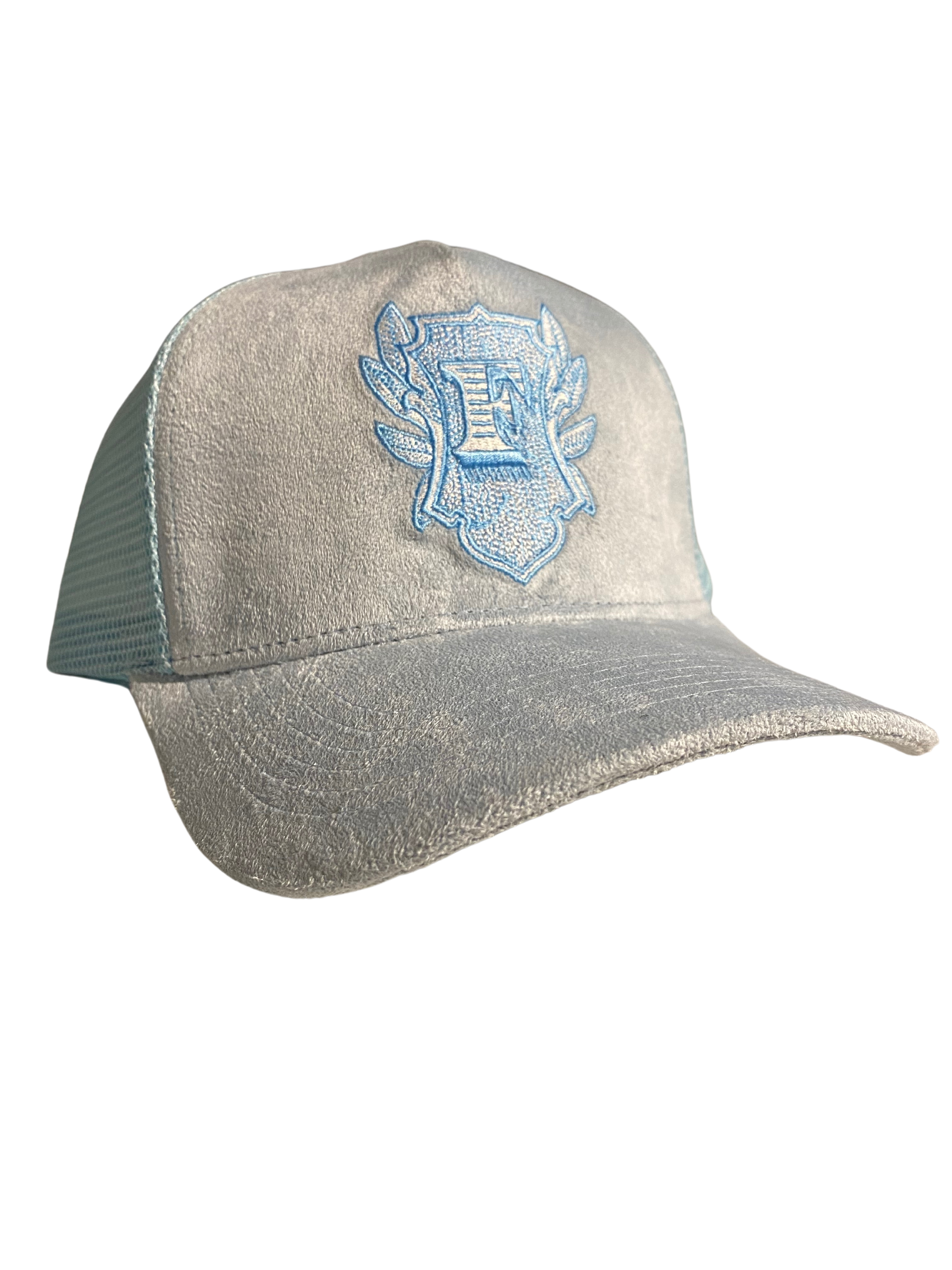 Flip Or Fall Off Sky Blue Suede Trucker Hat