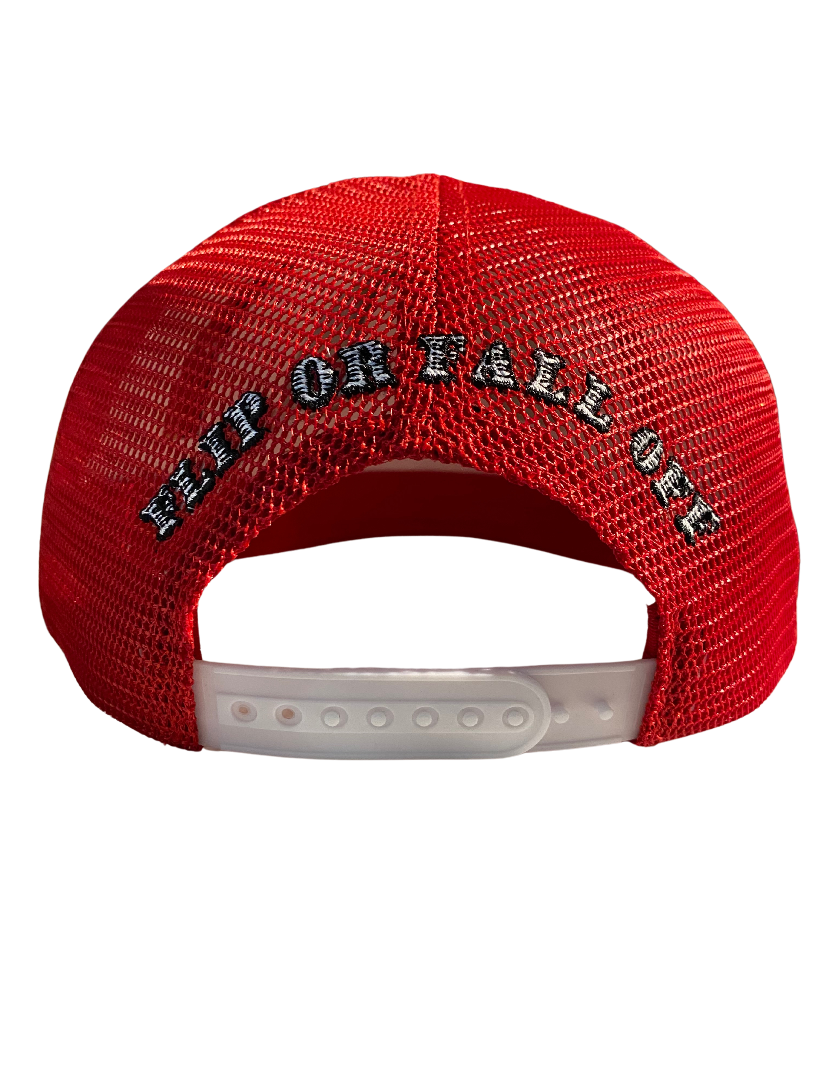 Flip Or Fall Off White & Red Suede Trucker Hat