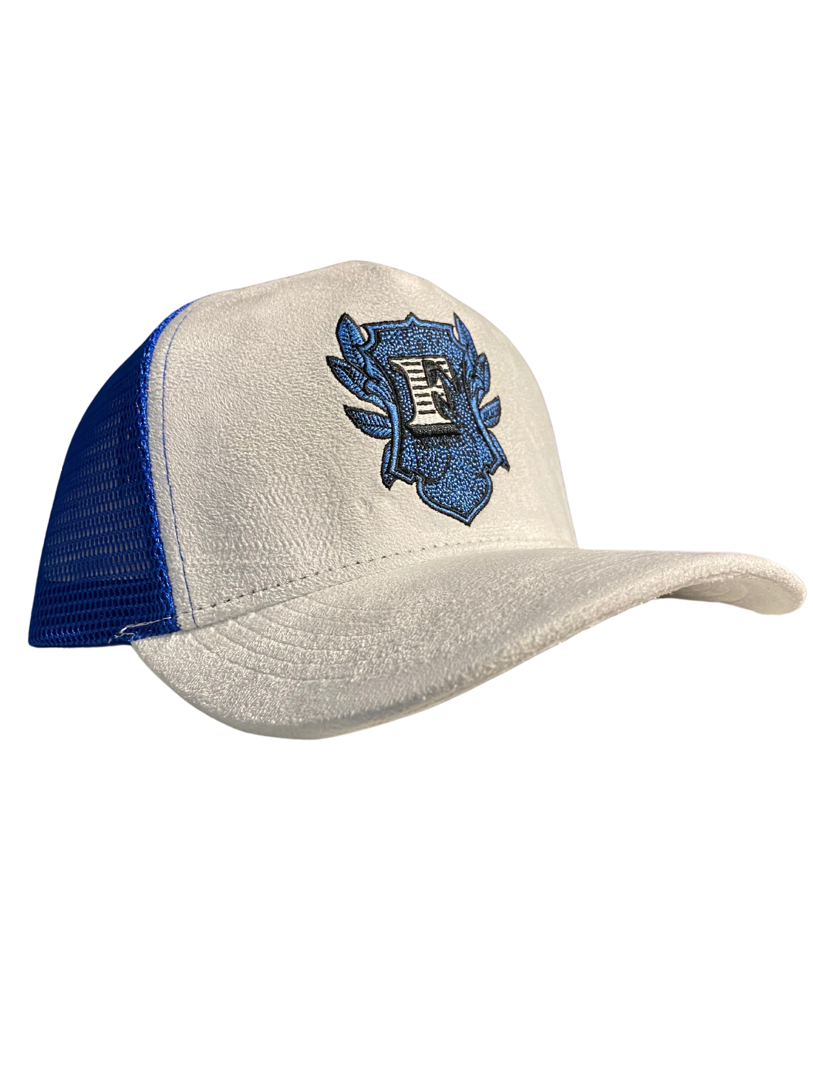 Flip Or Fall Off White & Blue Suede Trucker Hat