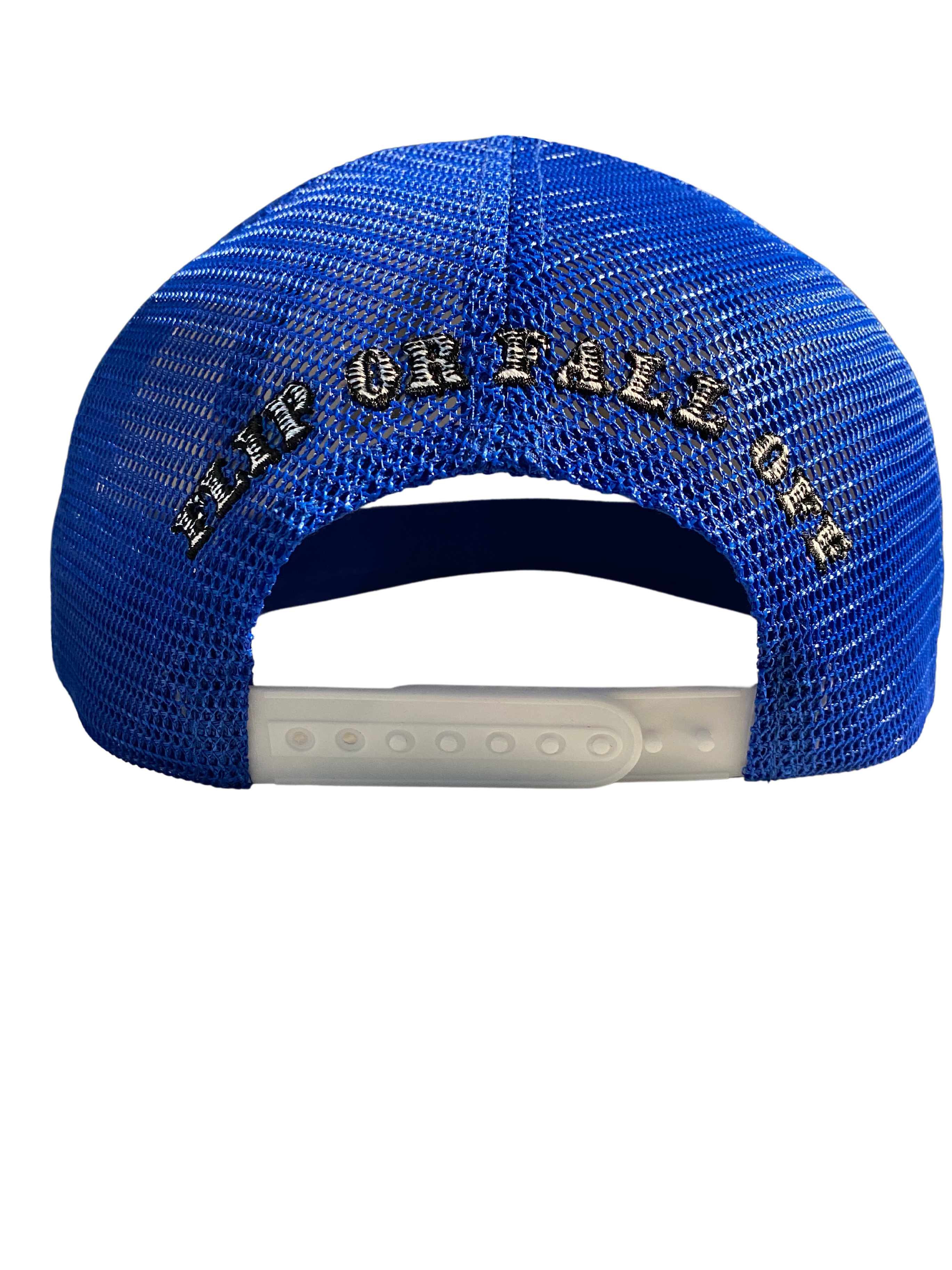 Flip Or Fall Off White & Blue Suede Trucker Hat