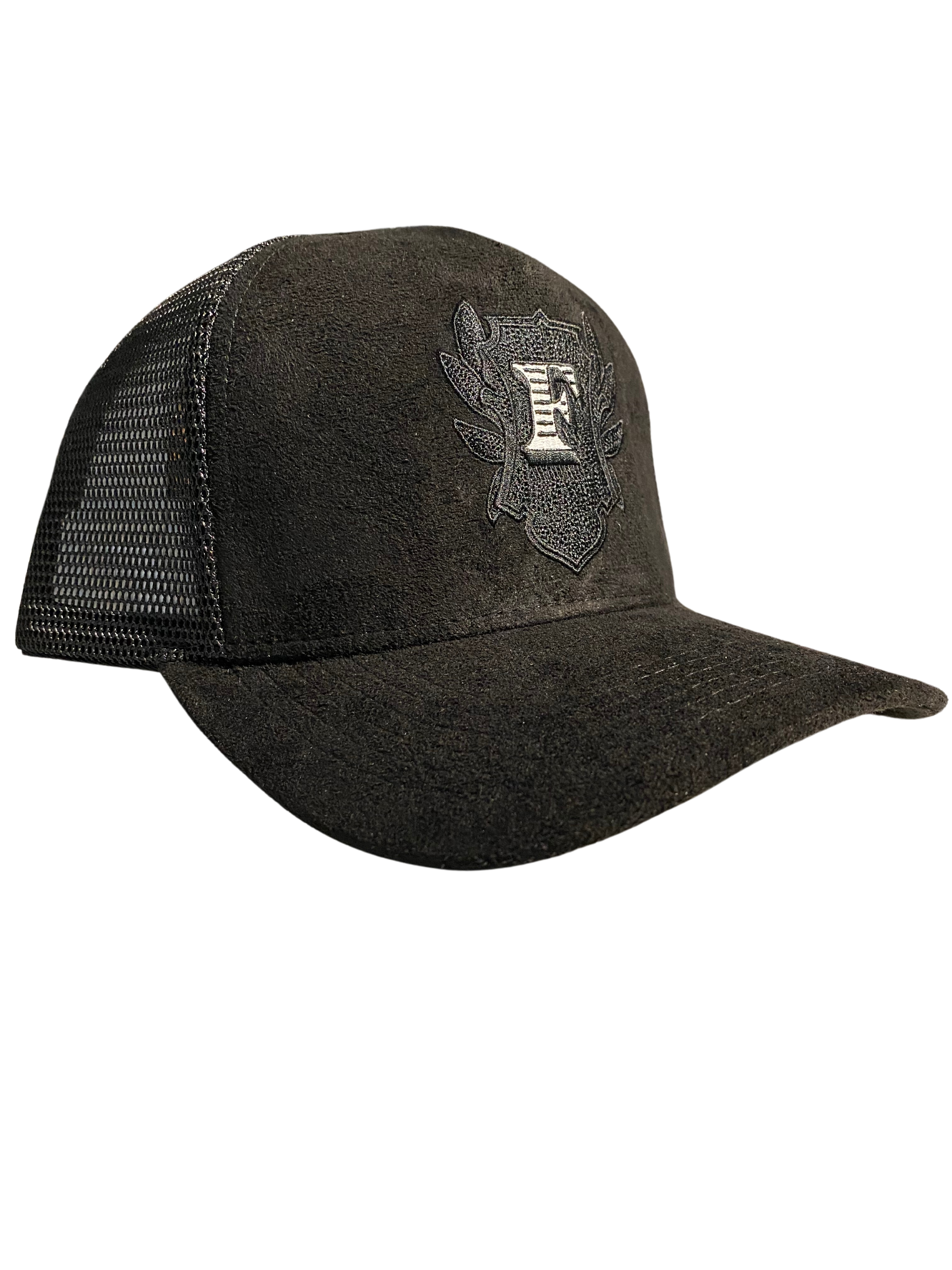 Flip Or Fall Off Black On Black Suede Trucker Hat