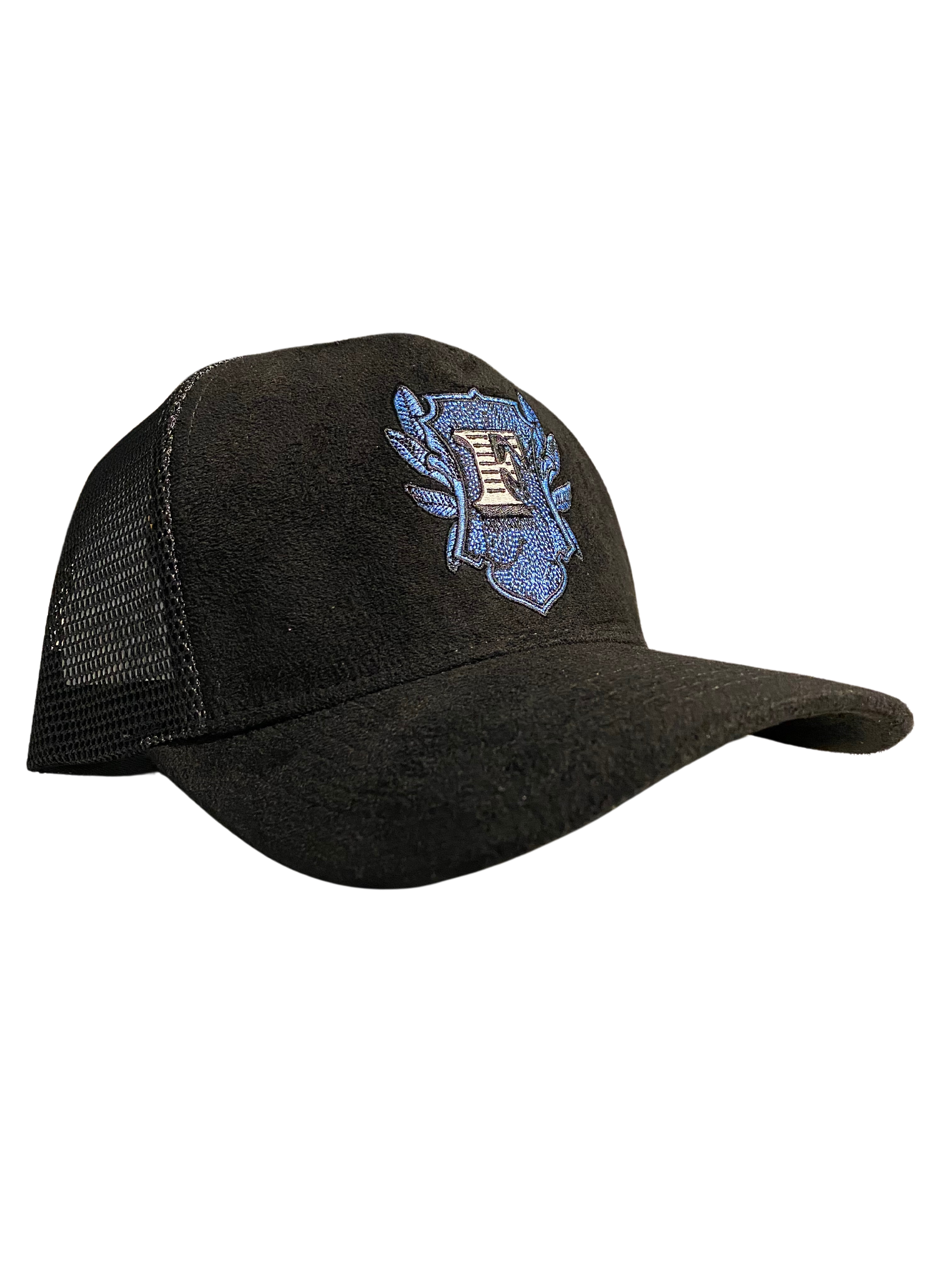 Flip Or Fall Off Black & Blue Suede Trucker Hat