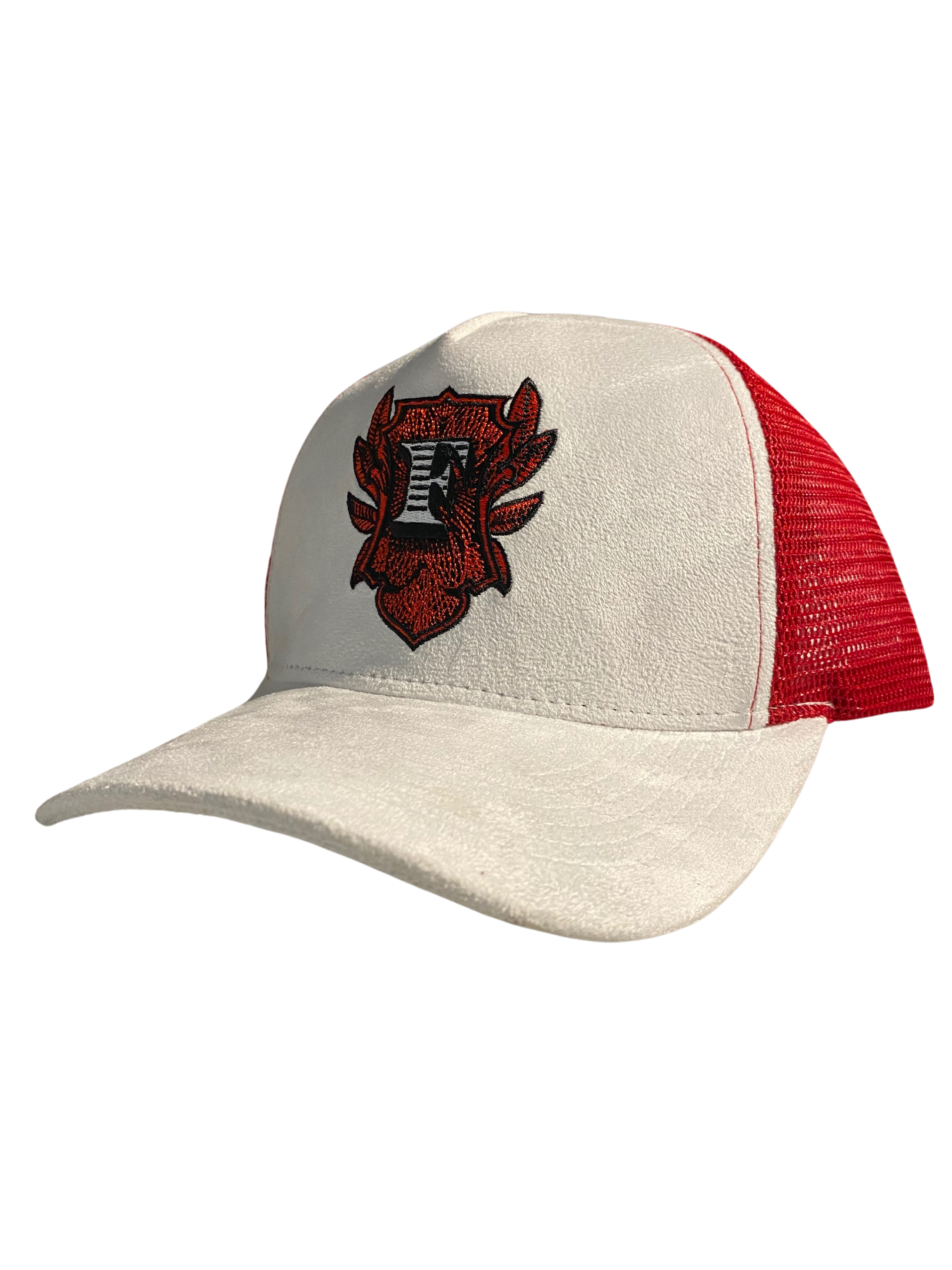 Flip Or Fall Off White & Red Suede Trucker Hat