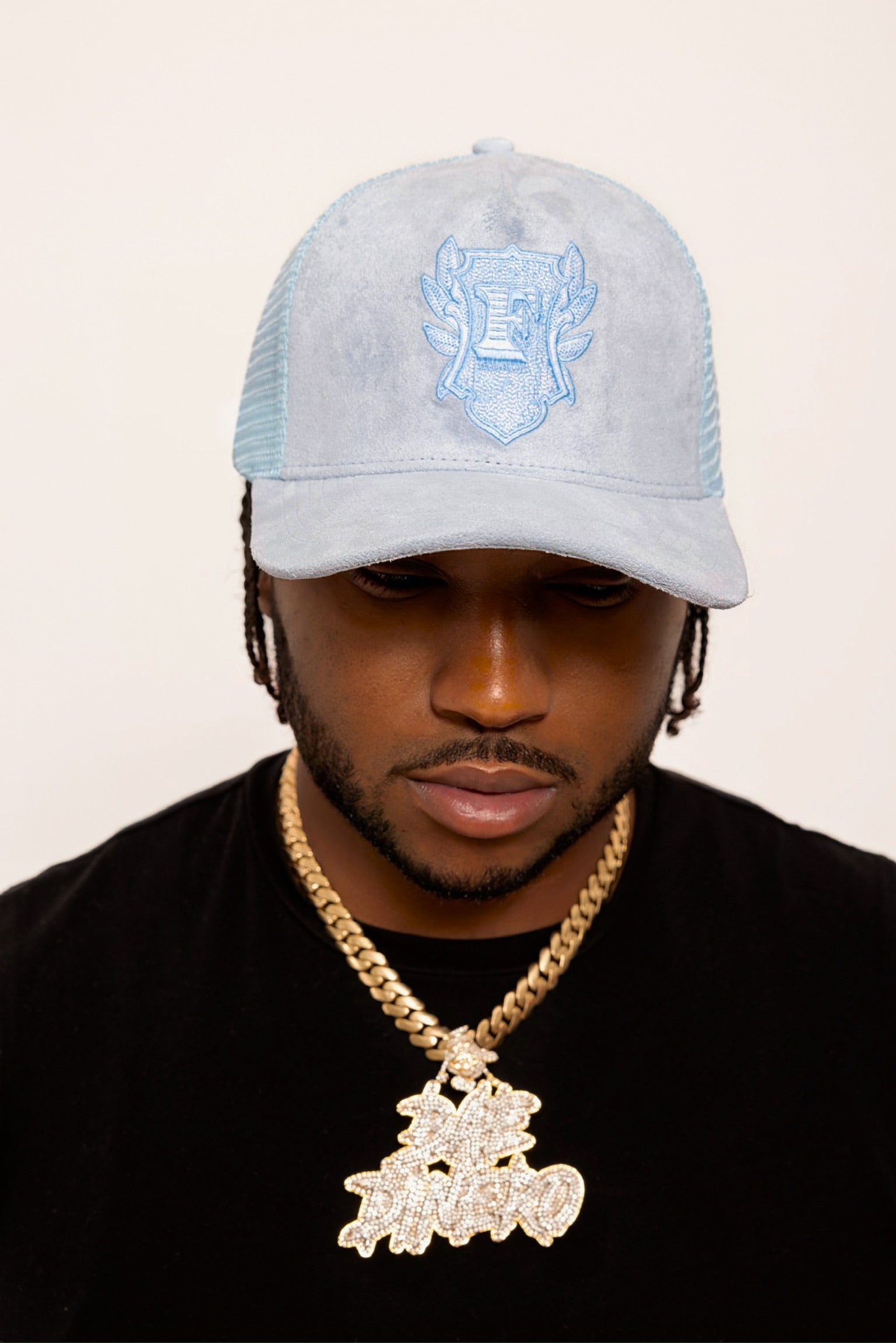 Flip Or Fall Off Grey On Sky Blue Suede Trucker Hat