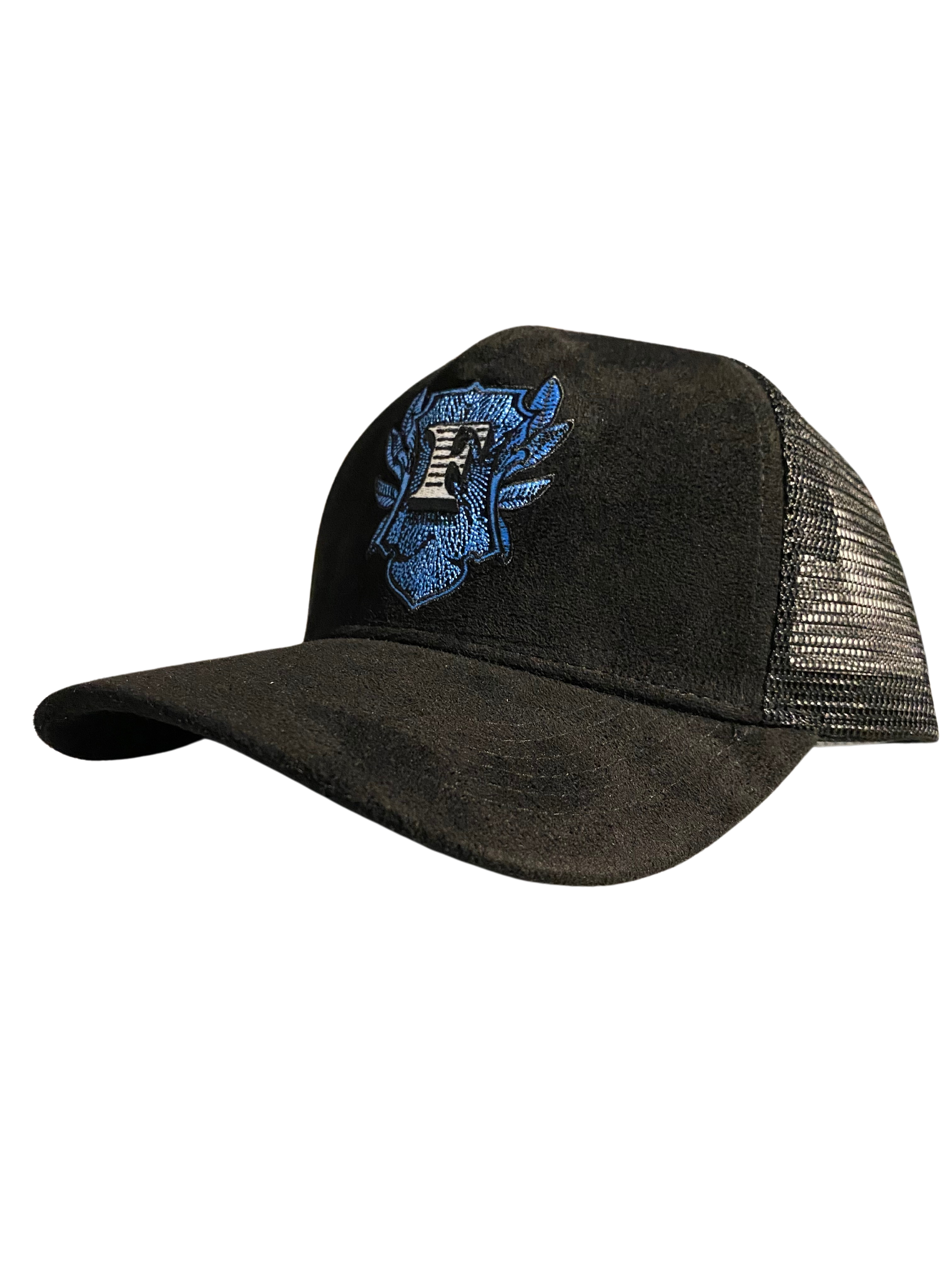 Flip Or Fall Off Black & Blue Suede Trucker Hat