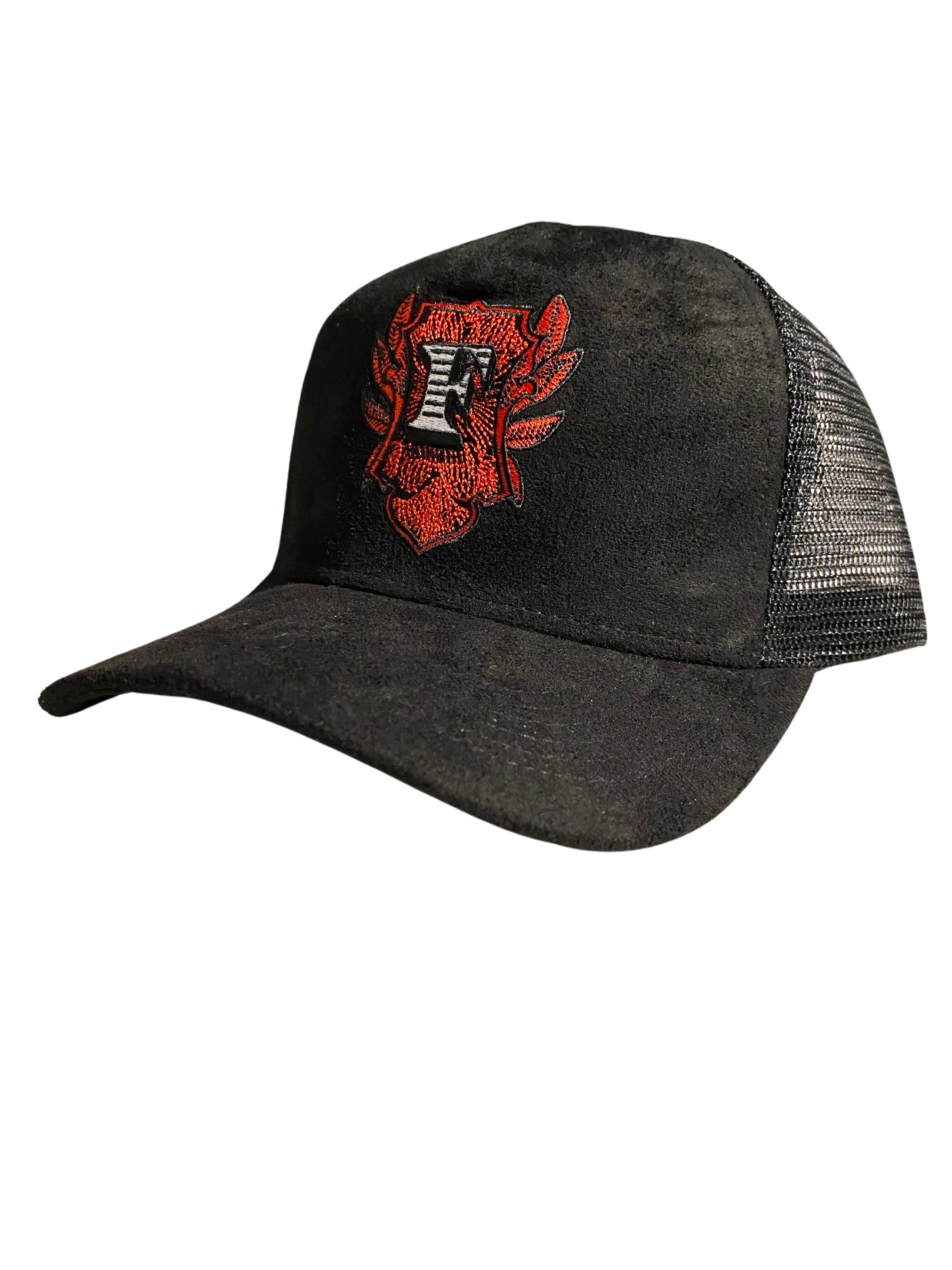 Flip Or Fall Off Black & Red Suede Trucker Hat