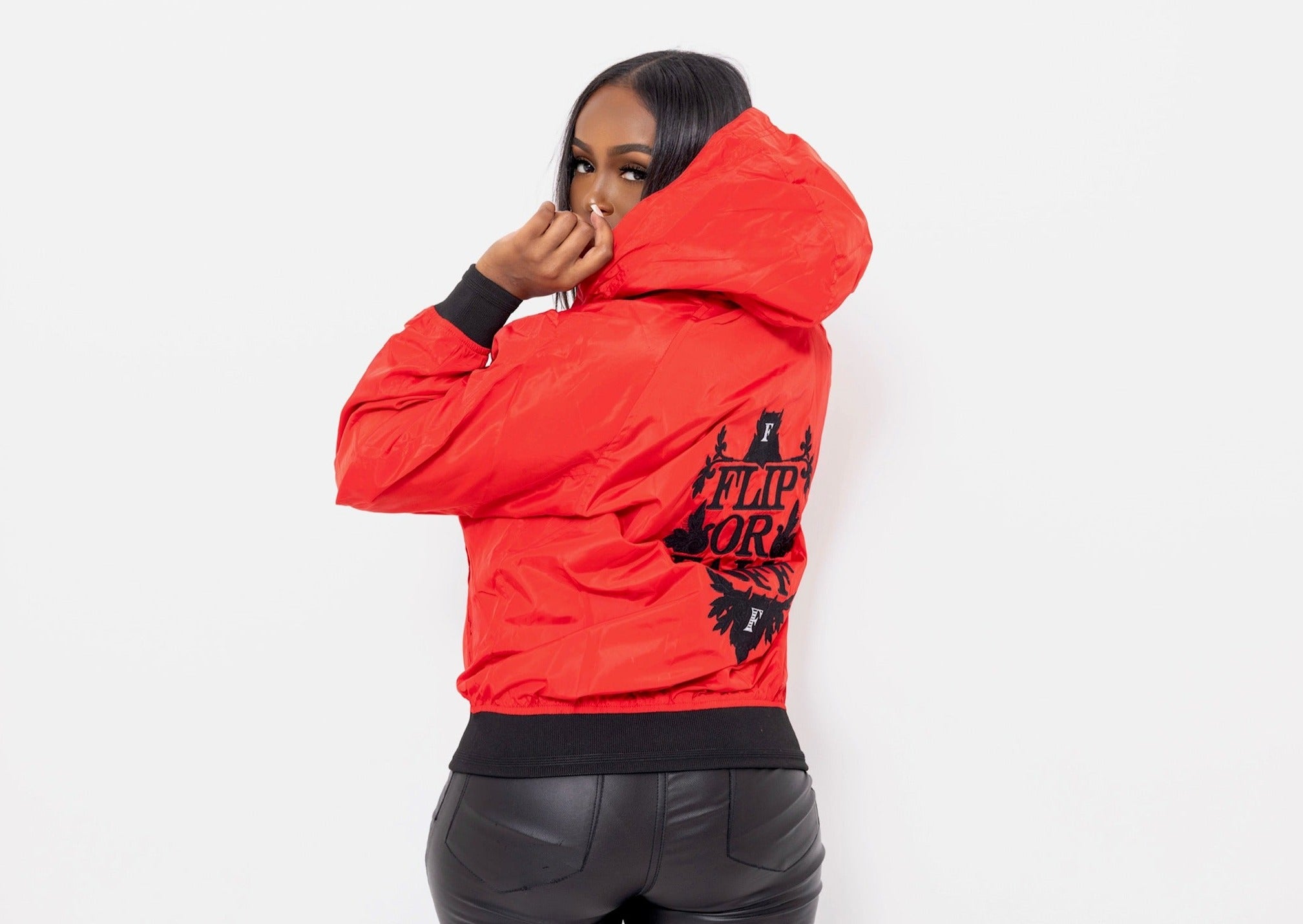 Flip Or Fall Off Red & Black Wind Breaker with Hood