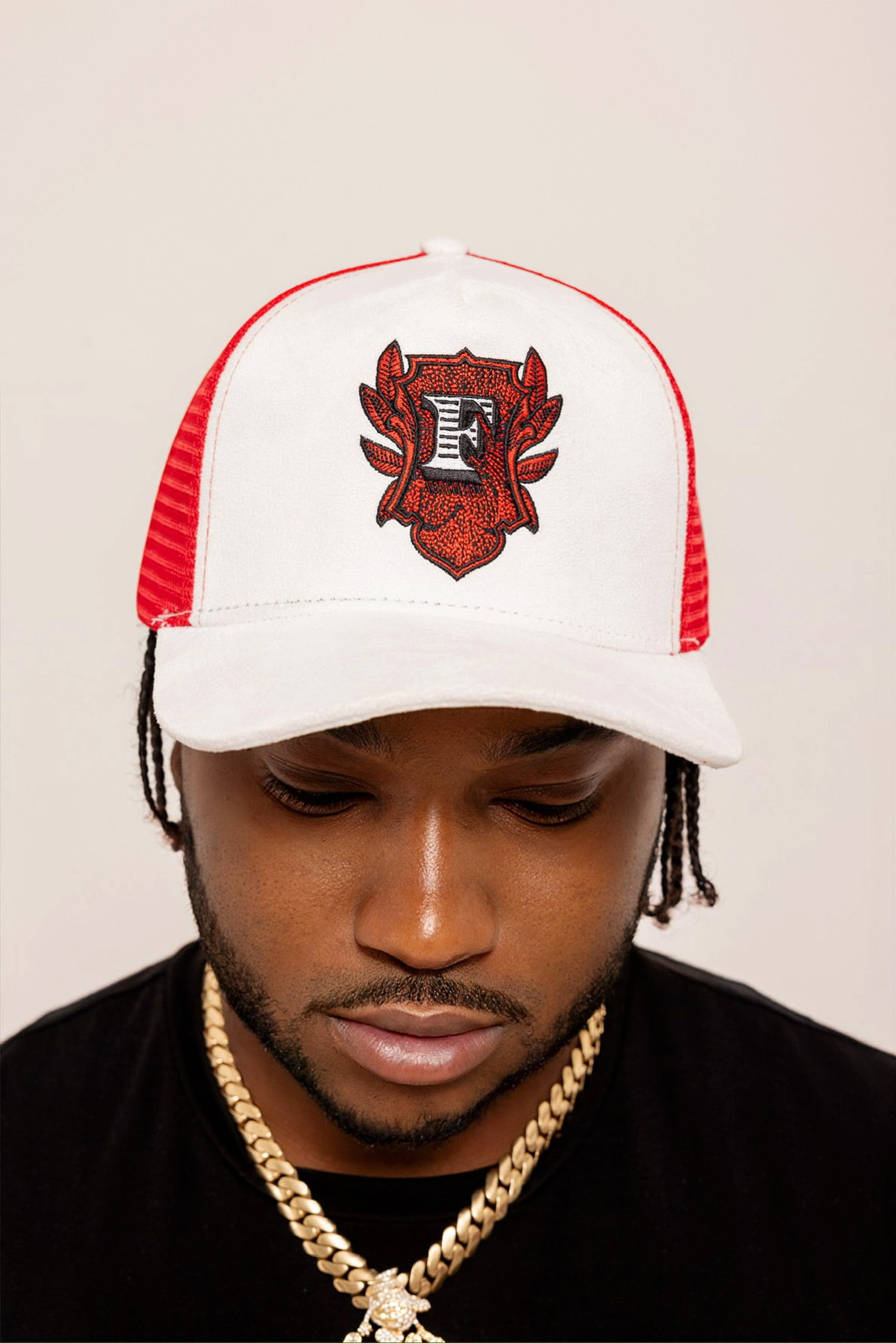 Flip Or Fall Off White & Red Suede Trucker Hat