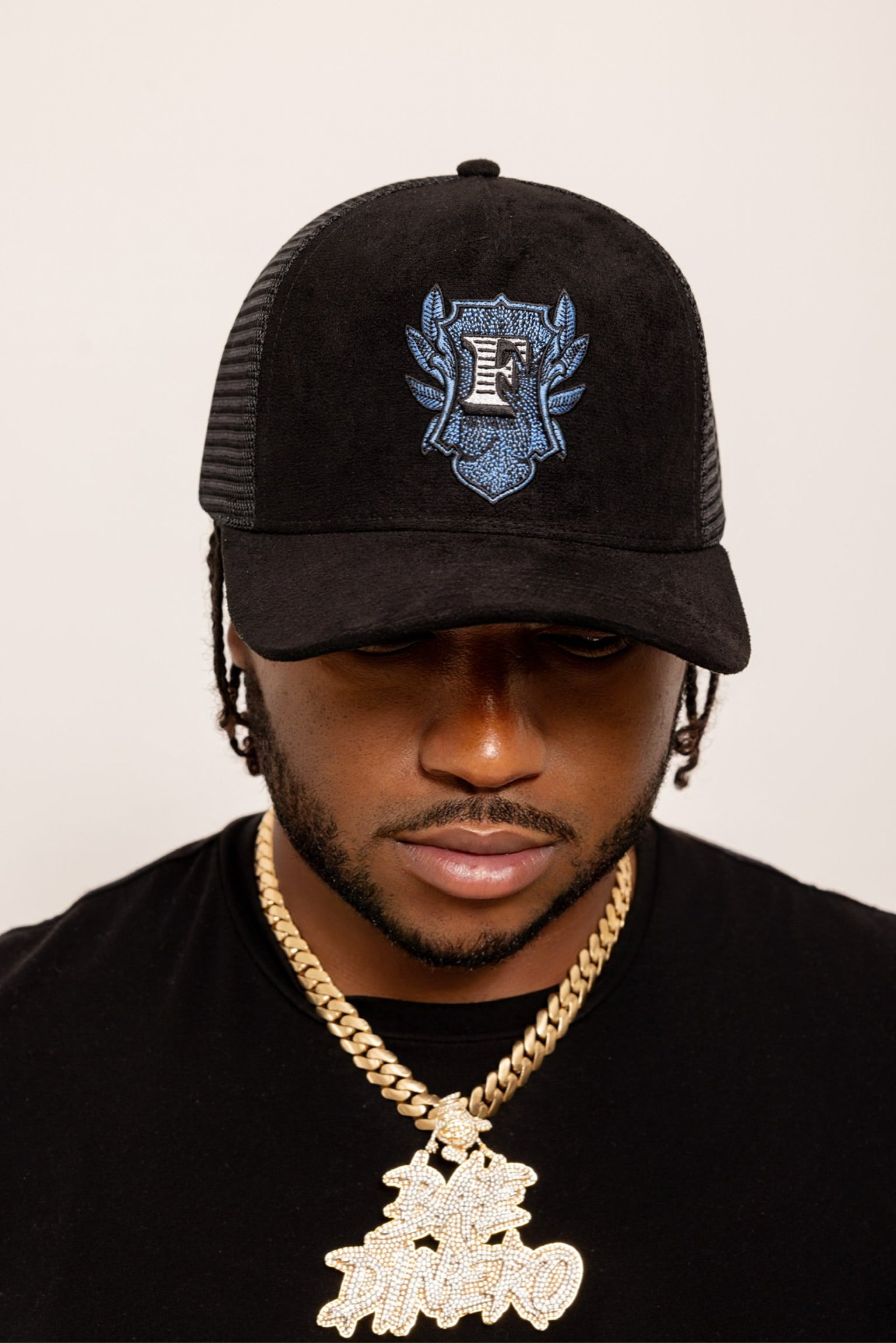 Flip Or Fall Off Black & Blue Suede Trucker Hat