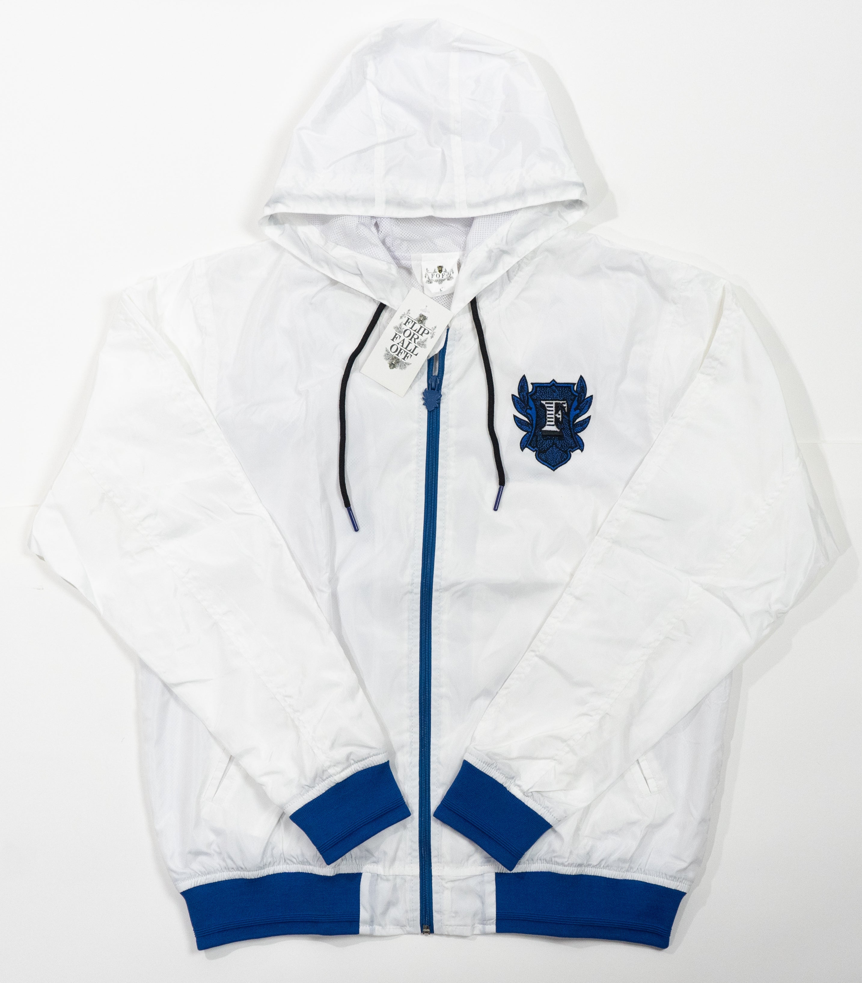 Flip Or Fall Off White & Blue Wind Breaker with Hood