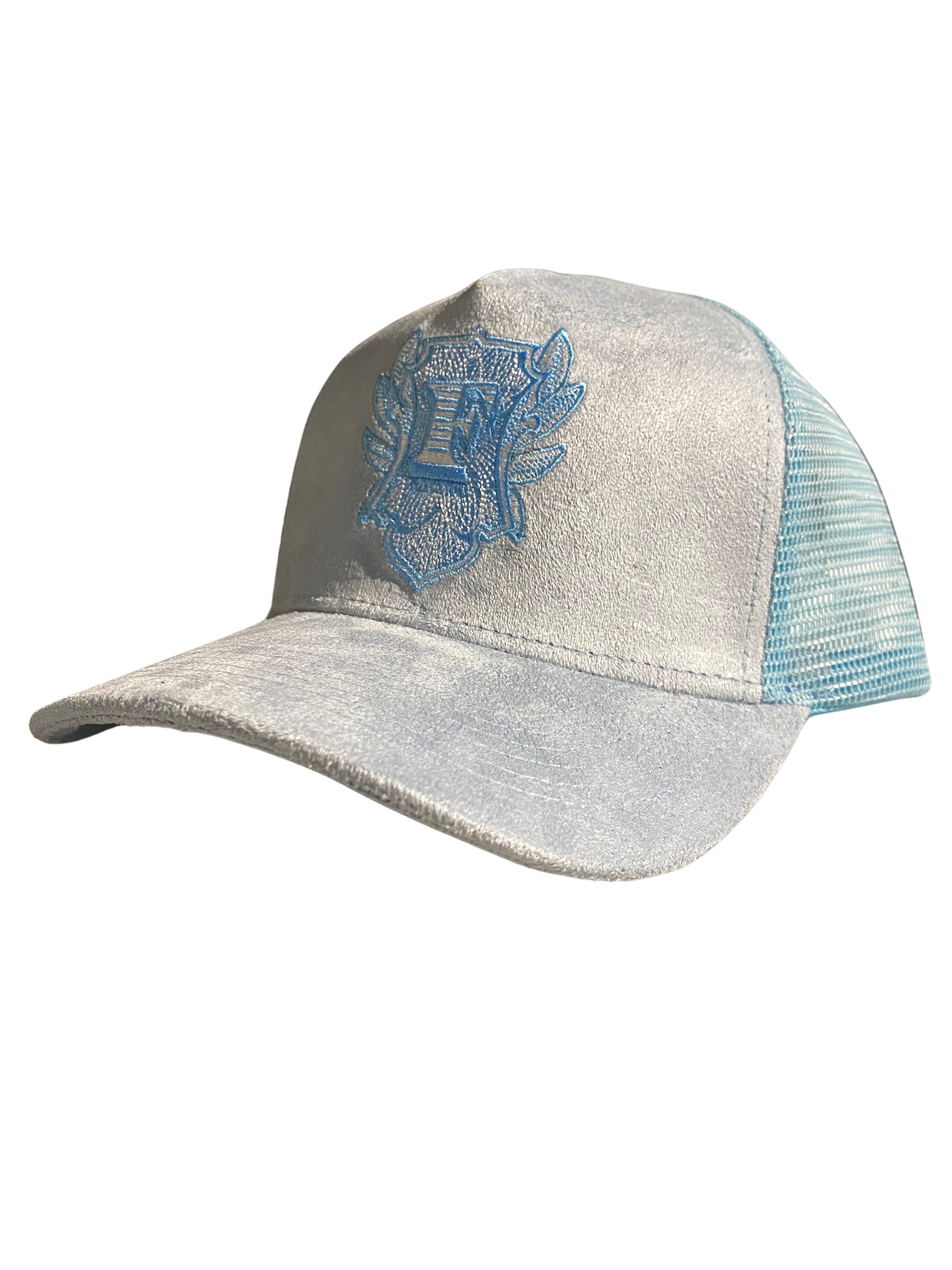 Flip Or Fall Off Grey On Sky Blue Suede Trucker Hat