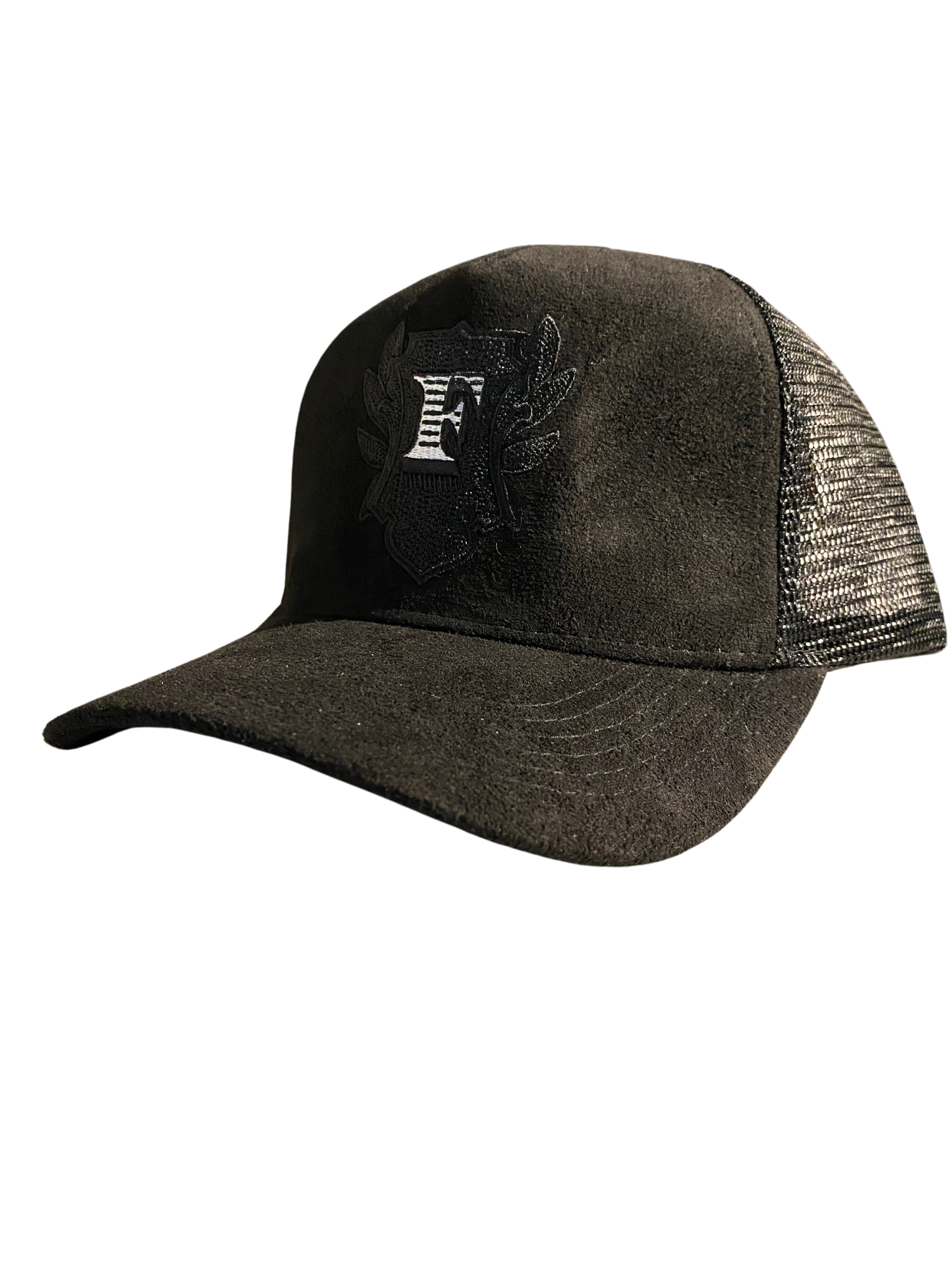 Flip Or Fall Off Black On Black Suede Trucker Hat