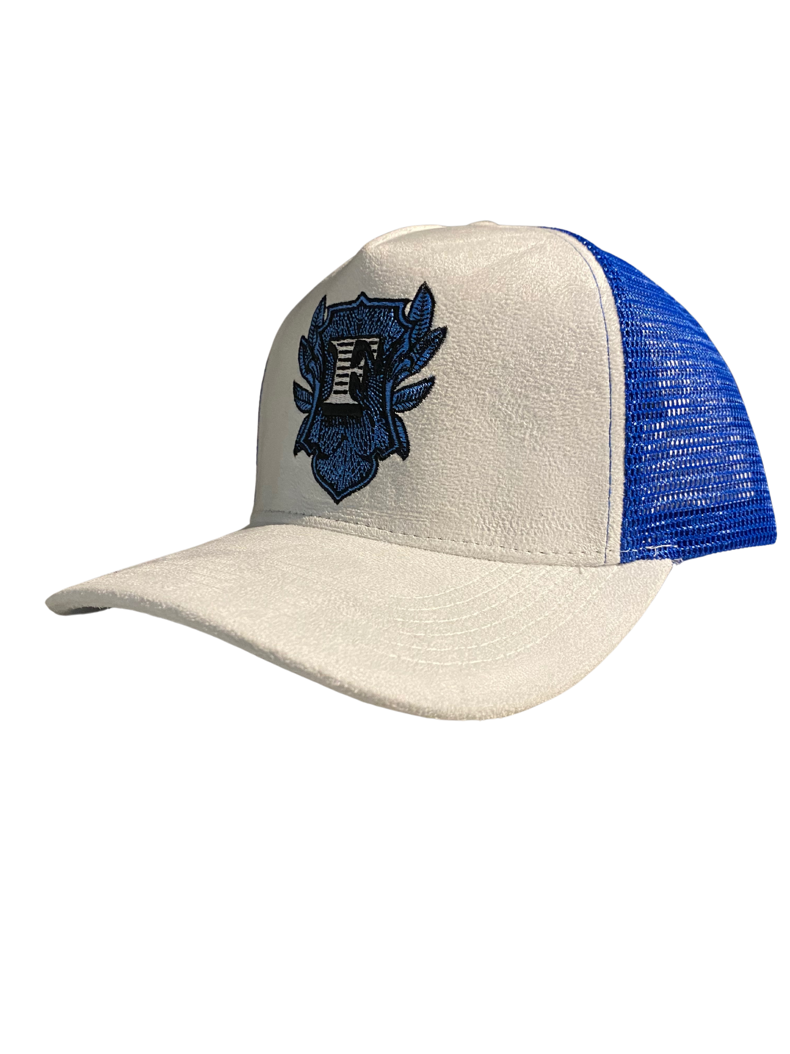 Flip Or Fall Off White & Blue Suede Trucker Hat